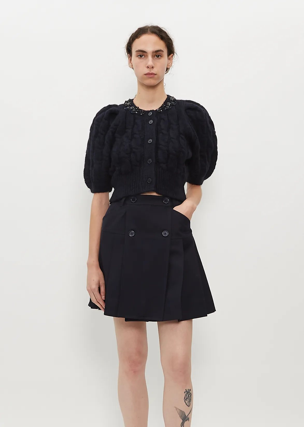 Cropped Cable Puff Sleeve Cardigan