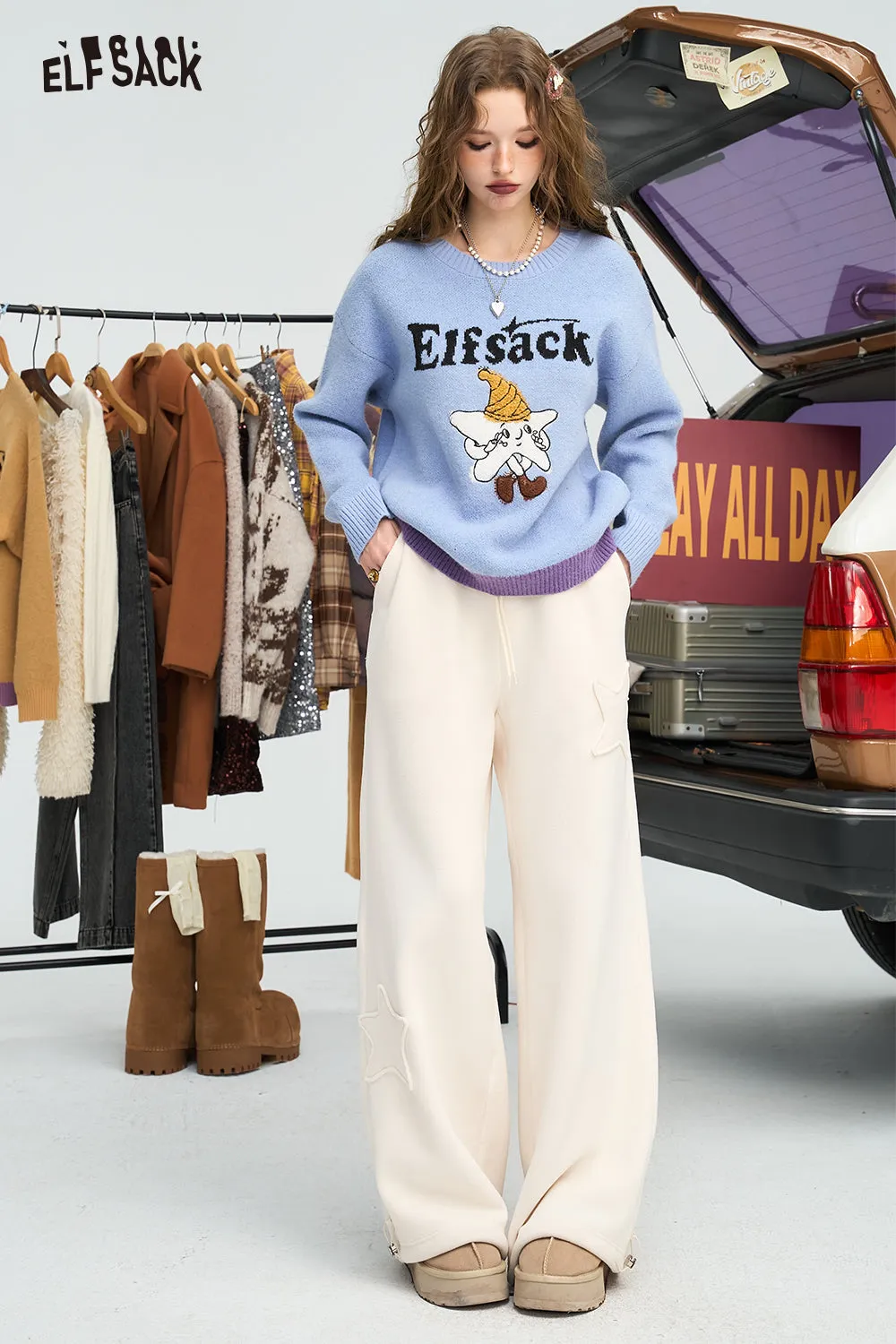 ELFSACK 2024 Winter New Arrivals Star jacquard pullover sweater for women, lazy style loose soft and sticky top
